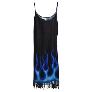 VTG Y2K Just Cruising Black Blue‎ Flame Dress Punk Island Resort Wear Tassels L